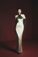 Maison Des Copains Bautista satin floor-length gown with criss-cross neck design, elegant sheath style, and flowing silhouette.