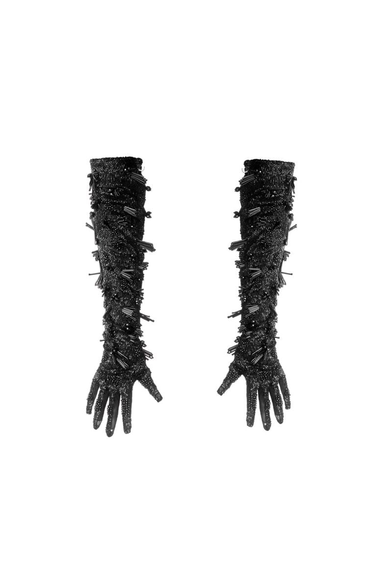 Onalaja Lela embellished black gloves with intricate beadwork and elegant design, shown on a neutral background.