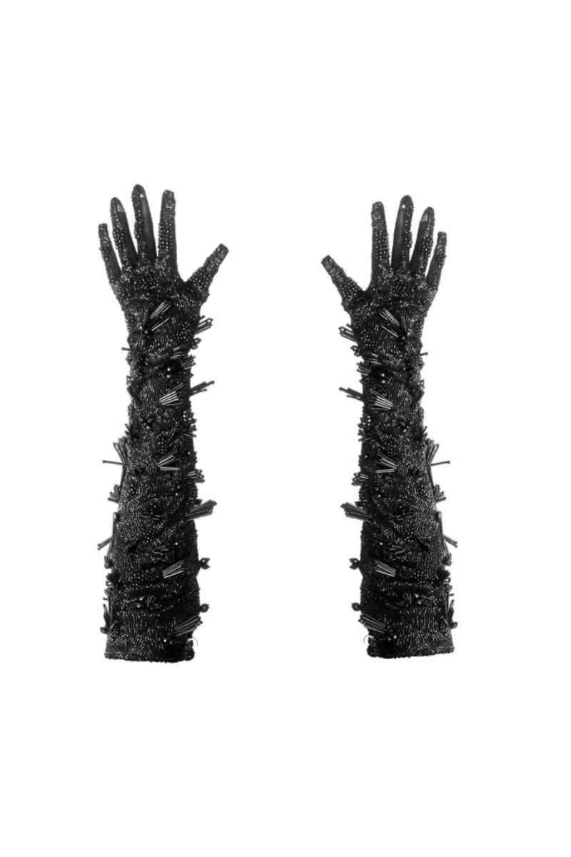 Onalaja Lela embellished black gloves with intricate detailing, stylish and elegant for cold weather wear.