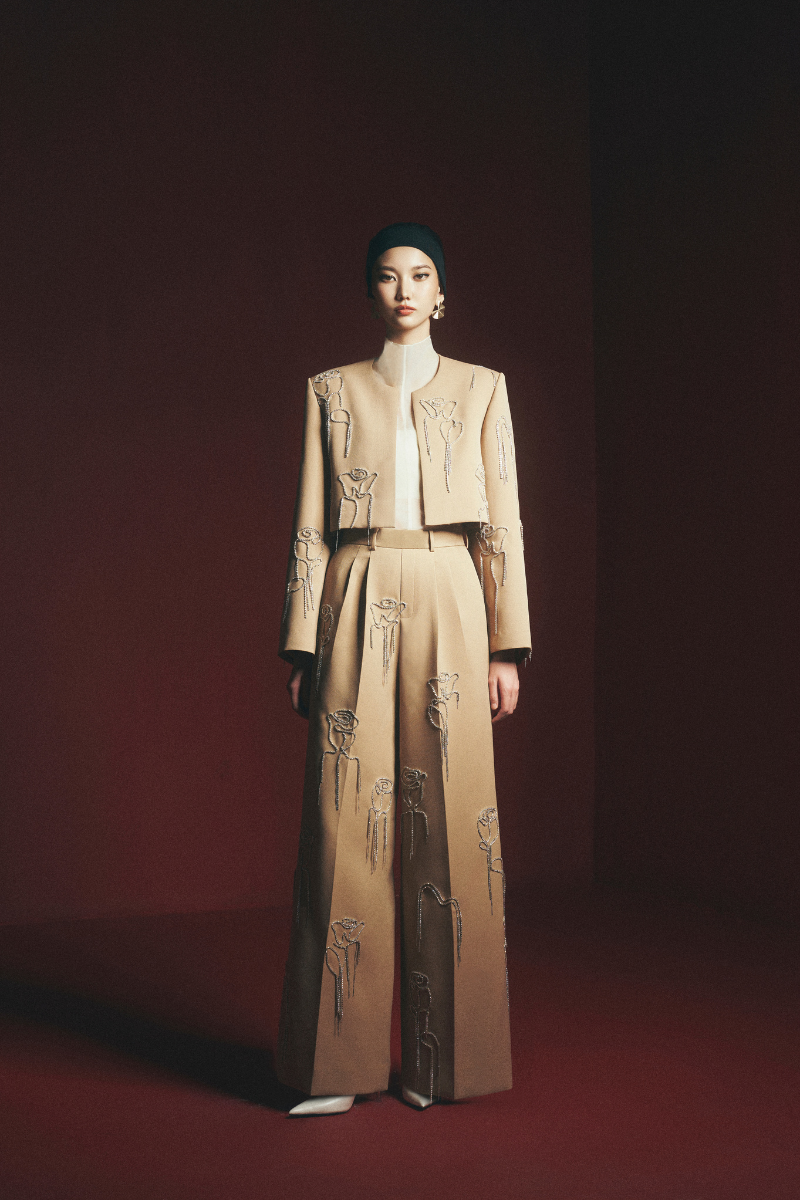Maison Des Copains Grayson straight wide-leg floor-length pants in brown, shown laid flat with waistband and drape details.
