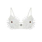 Ivory tweed bra top by JINSUN, Pappus Applique design, close-up of textured fabric and delicate strap details.