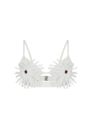 Ivory tweed bra top by JINSUN, Pappus Applique design, close-up of textured fabric and delicate strap details.