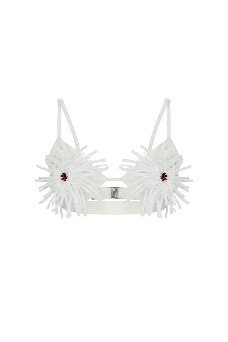 Ivory tweed bra top by JINSUN, Pappus Applique design, close-up of textured fabric and delicate strap details.