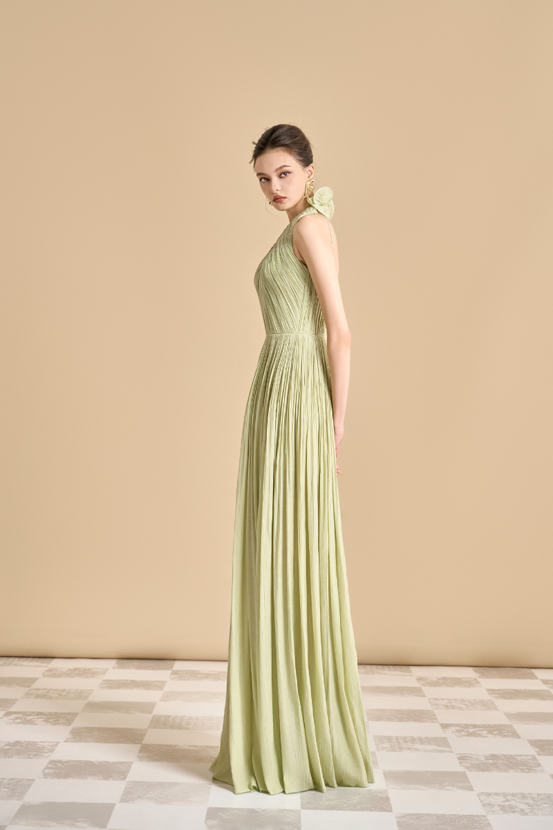 NASIR GATHERED SCOOP NECK TENCEL FLOOR LENGTH DRESS - CULT MIA