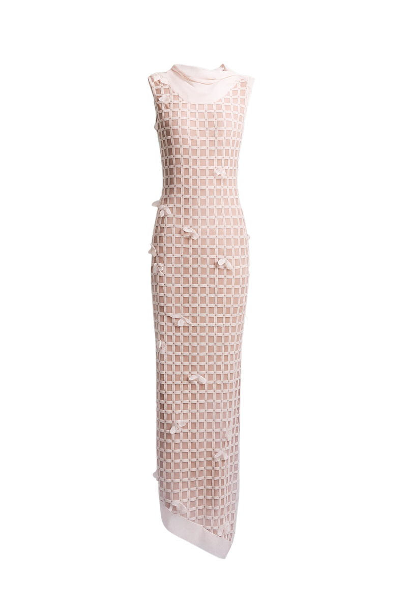 LECIA 3D column midi dress showcasing a sleek, modern design with textured fabric and a fitted silhouette.