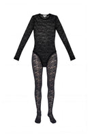 Junie black GIA bodysuit and tights co-ord set worn together, showcasing sleek, fitted black fabric and stylish design.