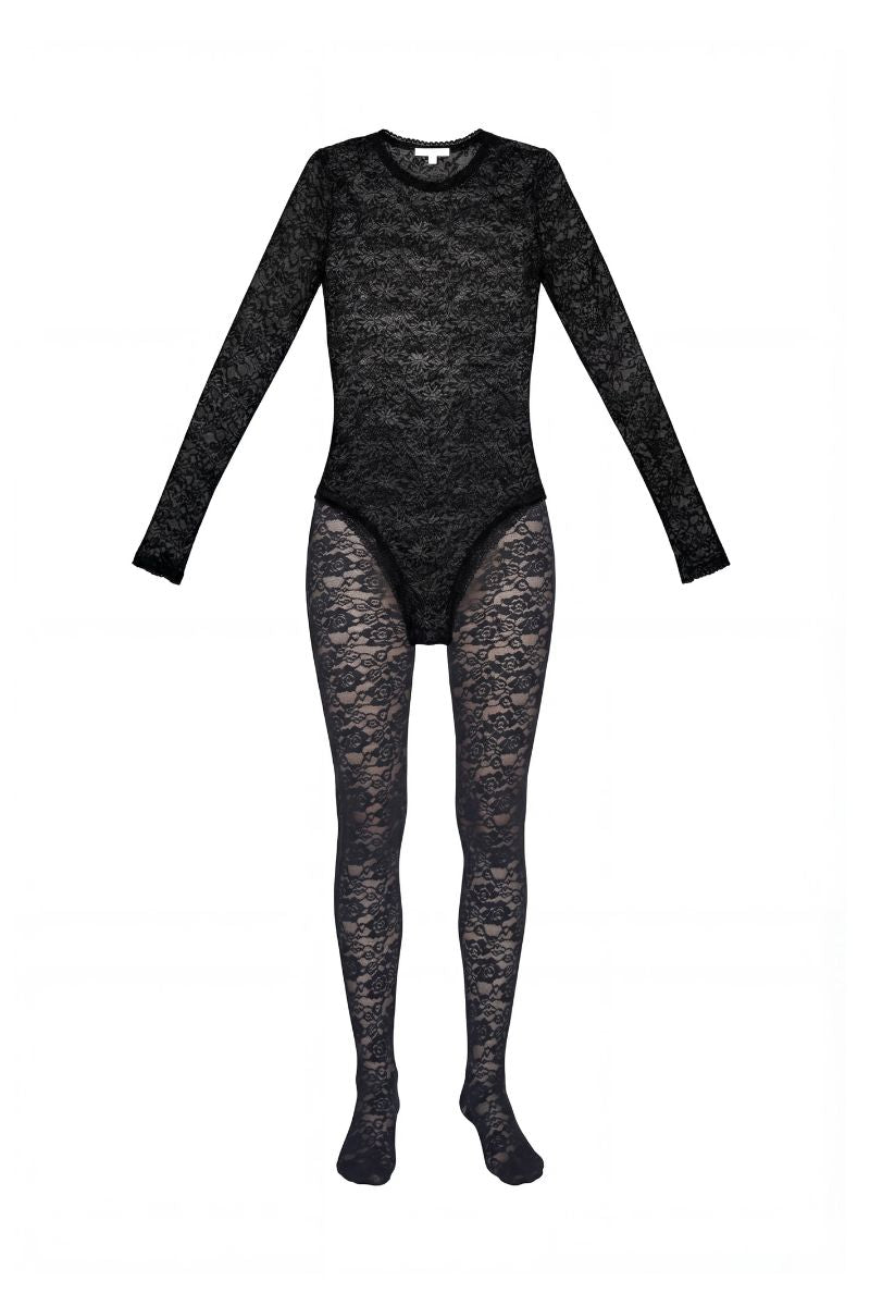 Junie black GIA bodysuit and tights co-ord set worn together, showcasing sleek, fitted black fabric and stylish design.