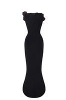 LECIA floral satin crepe gown with a flowing silhouette and vibrant floral pattern, perfect for elegant occasions.