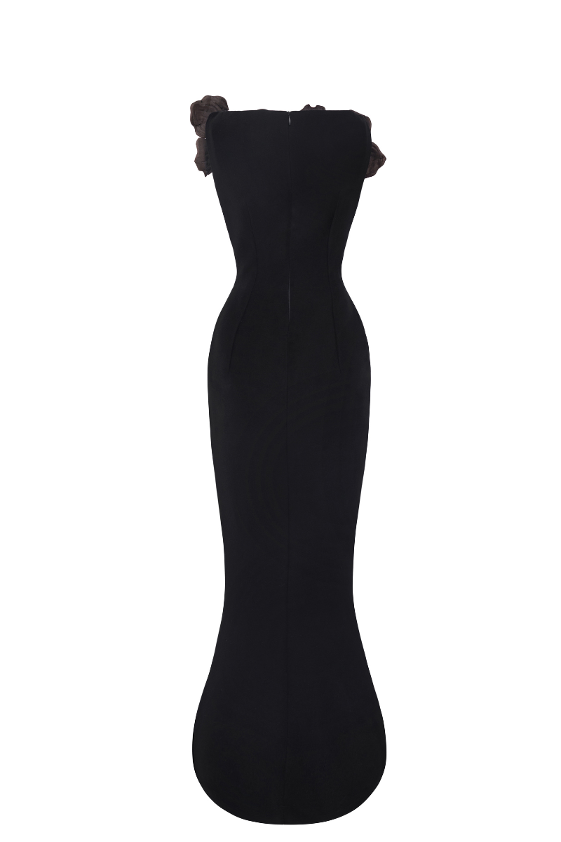 LECIA floral satin crepe gown with a flowing silhouette and vibrant floral pattern, perfect for elegant occasions.