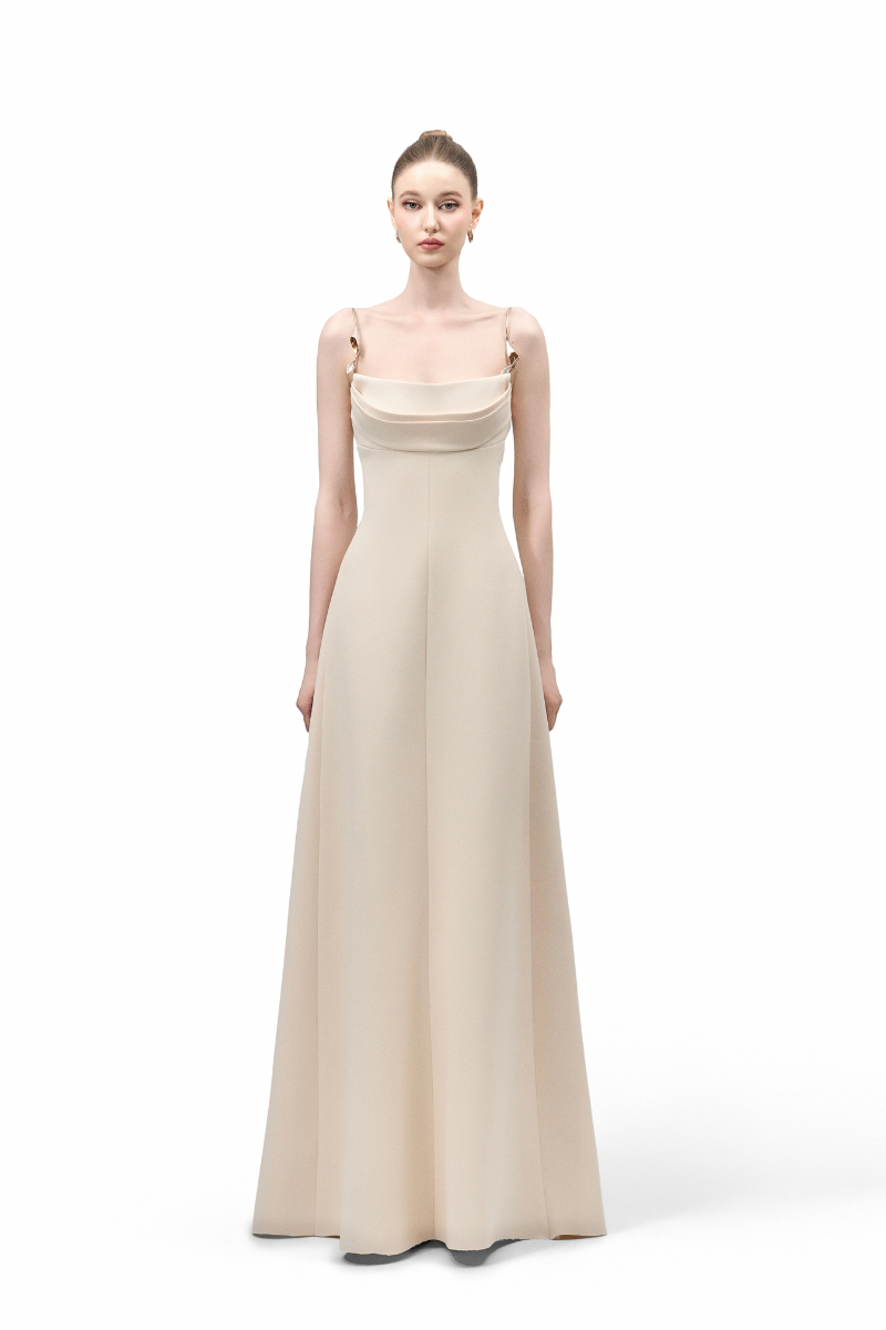 LIRIEN A-LINE COWL NECK CREPE FLOOR LENGTH DRESS
