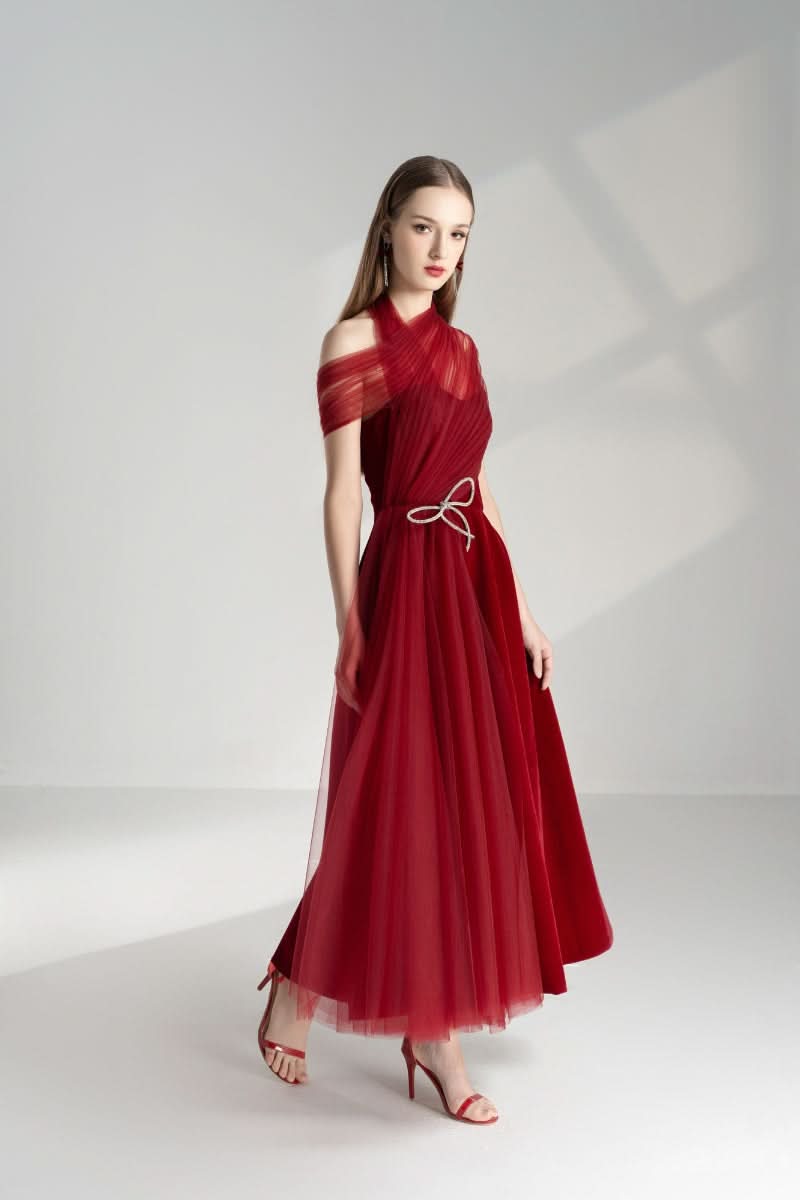 LESLIE FIT AND FLARE CROSSOVER MESH TAFFETA MIDI DRESS - CULT MIA