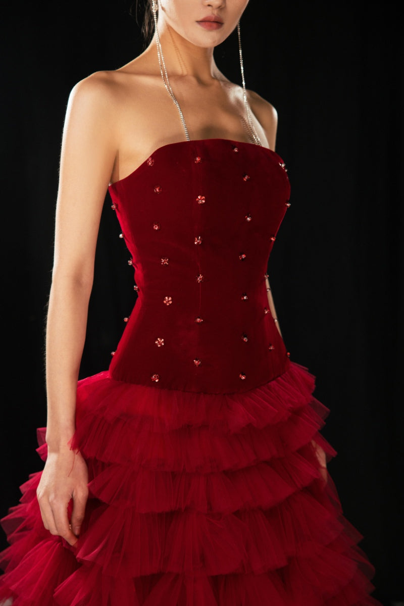 Happy Clothing Emily Red Fit and Flare Strapless Mesh Gown | Cult Mia Happy Clothing Emily Red Fit and Flare Strapless Mesh Gown | Cult Mia