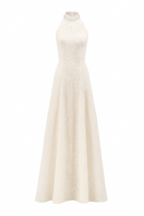Maison Des Copains Aurelia A-line halter neck gown with a floor-length, elegant black design featuring a halter neckline.