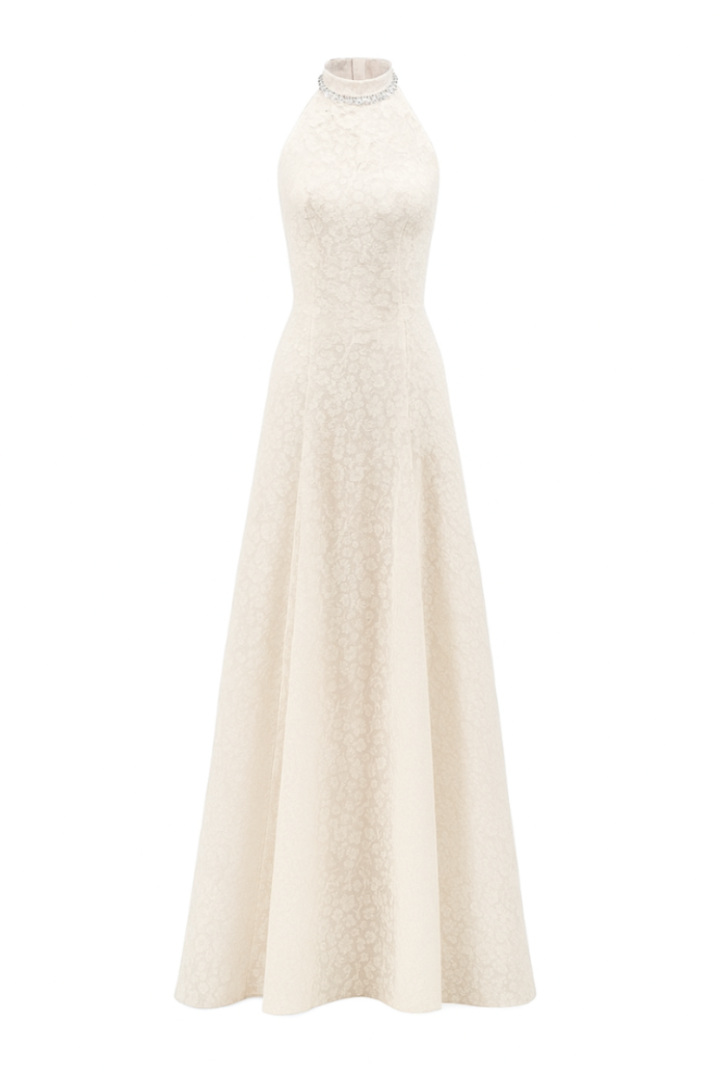 AURELIA A-LINE HALTER NECK LACK FLOOR LENGTH DRESS | CULT MIA | Maison Des Copains AURELIA A-LINE HALTER NECK LACK FLOOR LENGTH DRESS | CULT MIA | Maison Des Copains