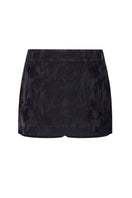 Black LEKIEU Amiens mini skirt displayed on a hanger, showcasing its sleek design and fitted silhouette.