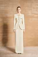 Maison Des Copains Caprica sheath collar cotton jacket, shown in beige with button front and tailored fit.