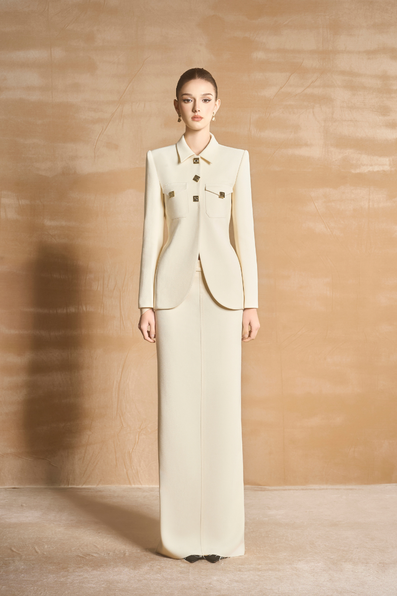 Maison Des Copains Caprica sheath collar cotton jacket, shown in beige with button front and tailored fit.