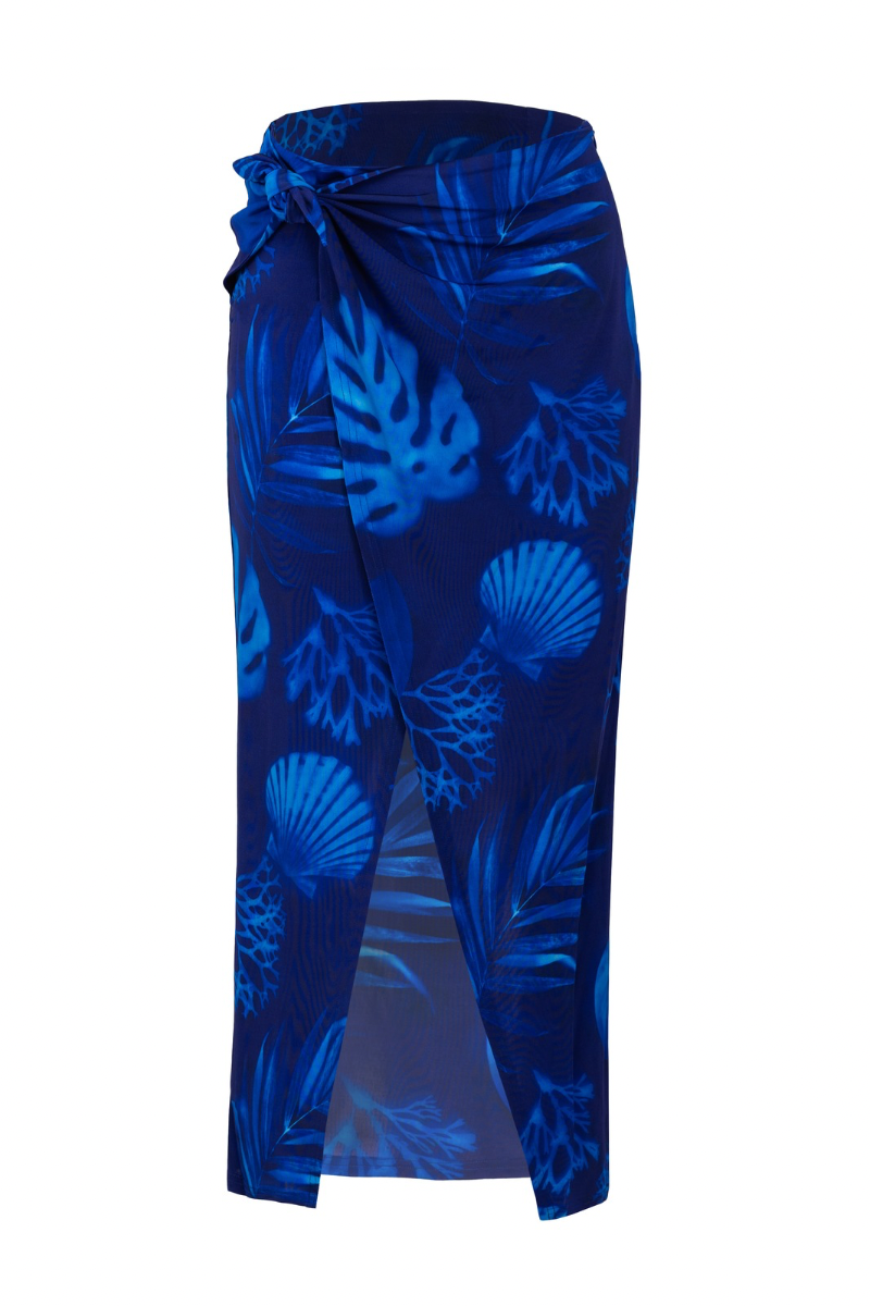WRAP-STYLE MIDI SKIRT IN CYANOTYPE PRINT - CULT MIA
