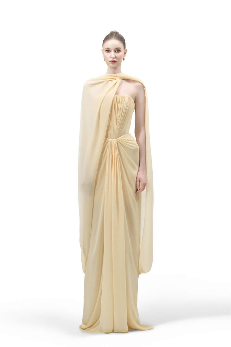 YELLOW MARIVELLE SHEATH SCARF NECK CHIFFON FLOOR LENGTH DRESS