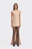 Dusty pink Stolen Stores mini dress with a v-back and fringe detail, perfect for stylish summer occasions.