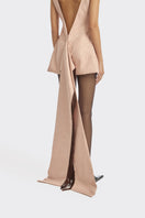 Dusty rose mini dress with thread fringe and V-back design by Stolen Stores, shown on a model.