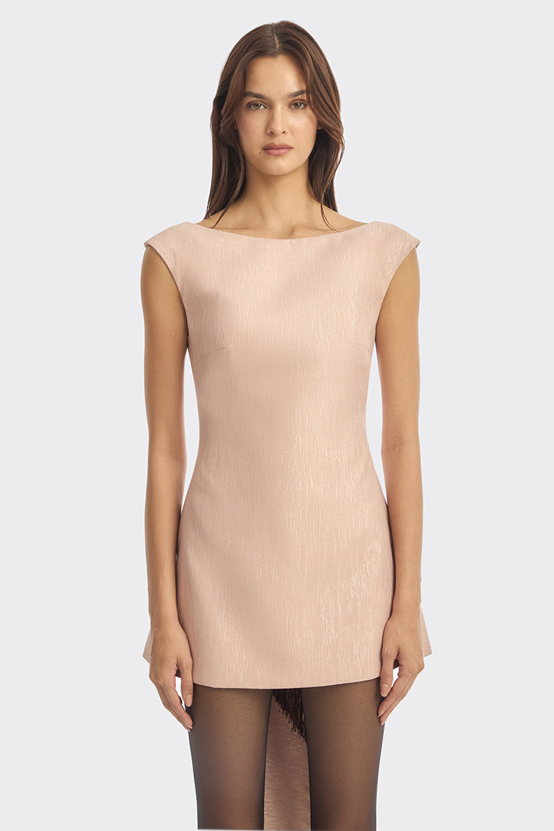 Dusty rose mini dress by Stolen Stores featuring a V-back and fringe detailing, perfect for chic summer looks.