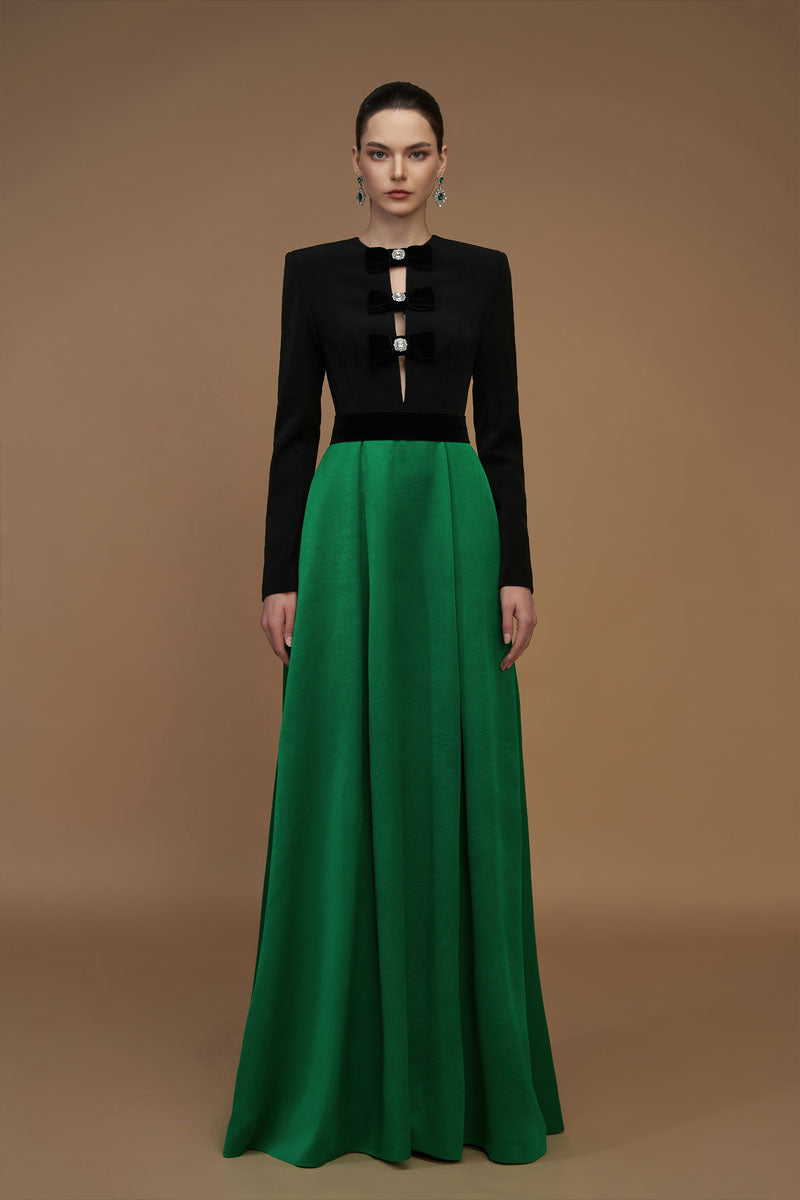CREPE AND SILK TAFFETA A-LINE EMERALD GOWN