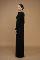 Black crepe de chine and velvet gown with V-neckline and long sleeves by I.H.F, elegant evening dress.