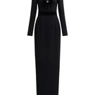 Black crepe de chine and velvet gown by I.H.F featuring a V-cut neckline and long sleeves, elegant evening wear.