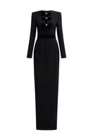 Black crepe de chine and velvet gown by I.H.F featuring a V-cut neckline and long sleeves, elegant evening wear.