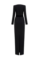 Elegant black crepe de chine and velvet gown by I.H.F featuring a V-cut neckline and long sleeves.