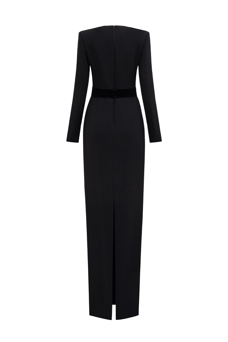 Elegant black crepe de chine and velvet gown by I.H.F featuring a V-cut neckline and long sleeves.
