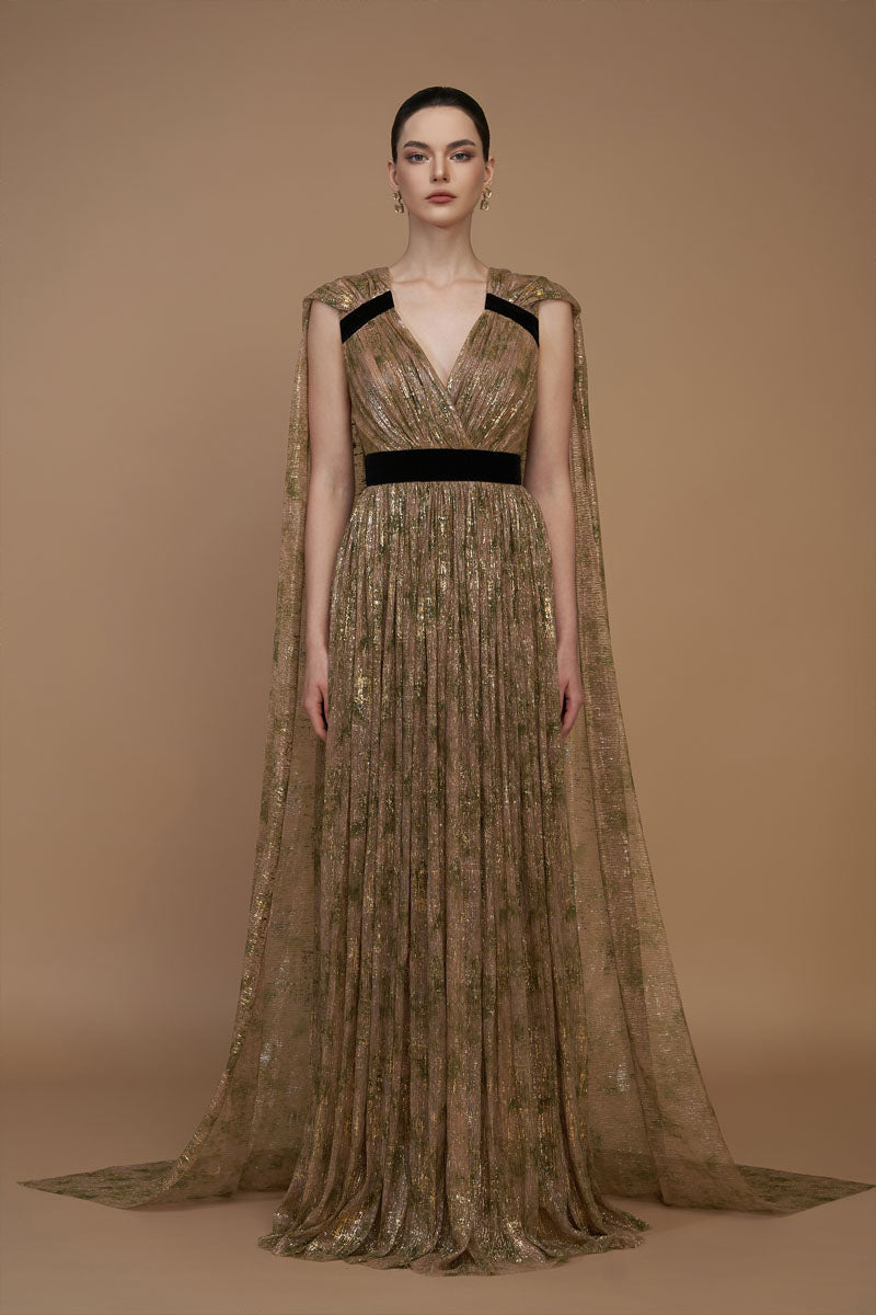 Green tie-dye metallic chiffon V-neck gown by I.H.F with ruffle back train and A-line silhouette.