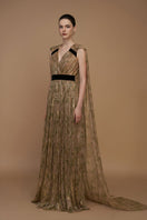 Green tie-dye metallic chiffon gown by I.H.F with V-neck, A-line silhouette, ruffle back train, perfect for elegant occasions.
