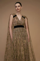 Green tie-dye metallic chiffon gown with V-neck, A-line silhouette, ruffle back, and train by I.H.F.