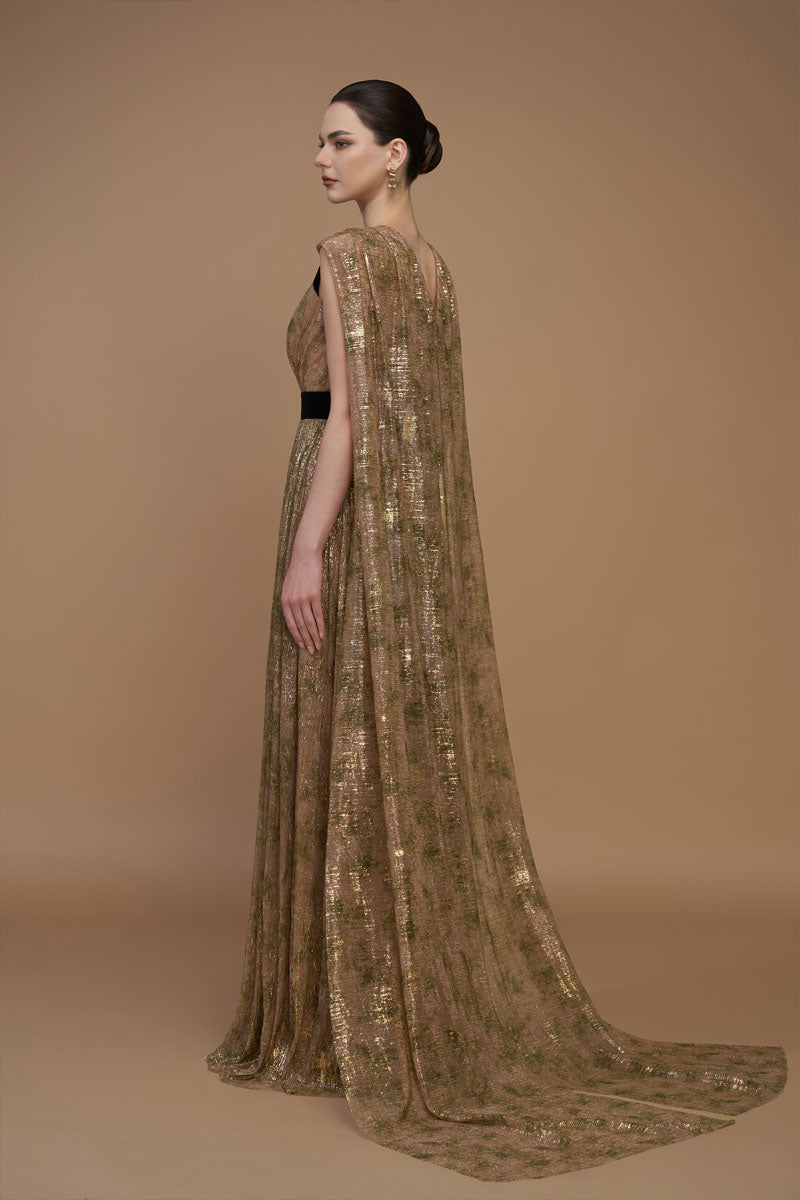 Green tie-dye metallic chiffon V-neck gown with A-line silhouette, ruffled back train, by I.H.F.