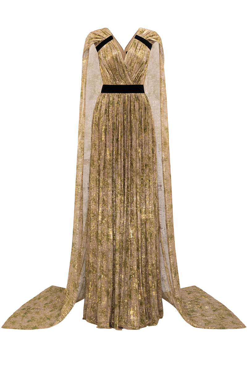 TIE-DYE METALLIC CHIFFON V-NECK GOWN