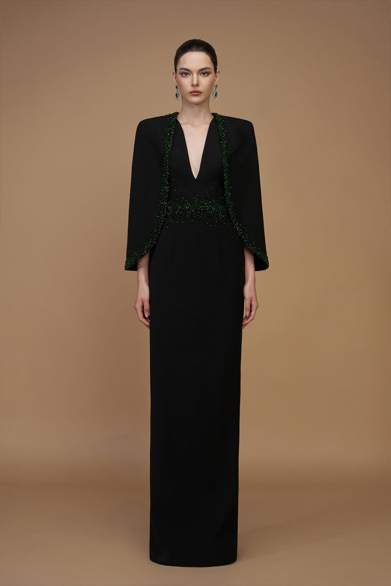 Black crepe and silk-lined emerald gown with V-neck and cape sleeves by I.H.F, elegant column style perfect for formal occasions.