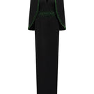 Black crepe and silk-lined emerald gown with V-neck, column silhouette, and cape sleeves by I.H.F displayed on a model.