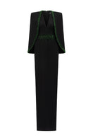 Black crepe and silk-lined emerald gown with V-neck, column silhouette, and cape sleeves by I.H.F displayed on a model.