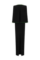 Black crepe and silk-lined emerald gown with V-neck and cape sleeves, designed by I.H.F, elegant evening dress.
