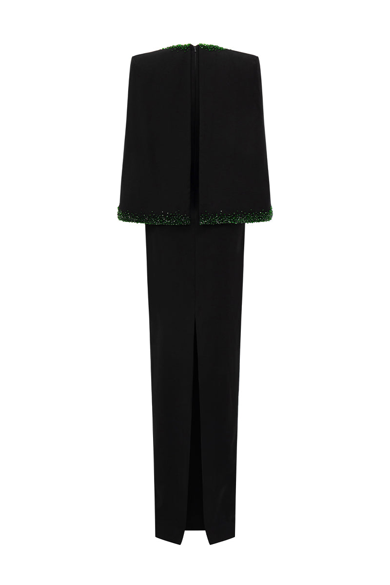 Black crepe and silk-lined emerald gown with V-neck and cape sleeves, designed by I.H.F, elegant evening dress.
