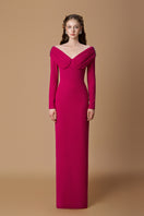 Dark pink crepe de chine V-neck gown with draped details by I.H.F, elegant and flowing for formal occasions.