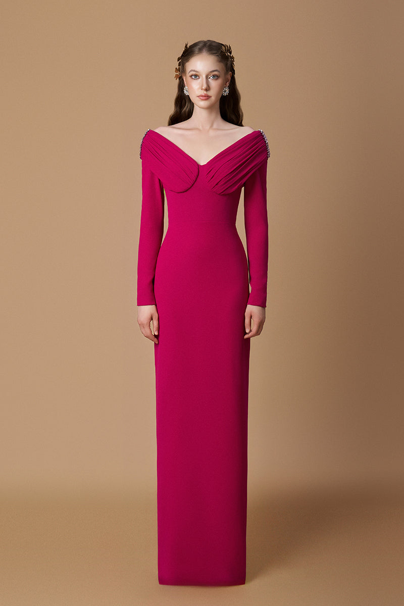 Dark pink crepe de chine V-neck gown with draped details by I.H.F, elegant and flowing for formal occasions.
