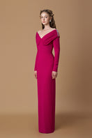 Dark pink crepe de chine V-neck gown with draped details by I.H.F, shown with elegant flowing fabric and tailored fit.