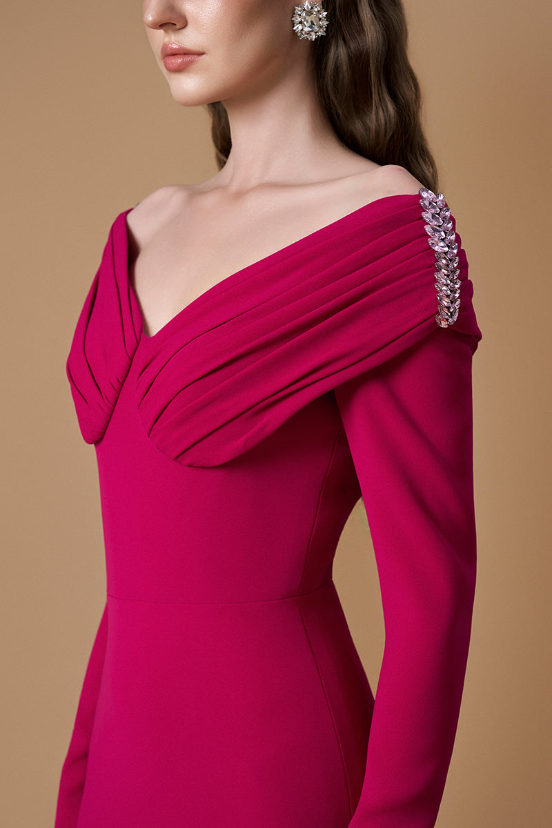 Dark pink crepe de chine V-neck gown with draped details, designed by I.H.F, elegant and flowing for formal occasions.
