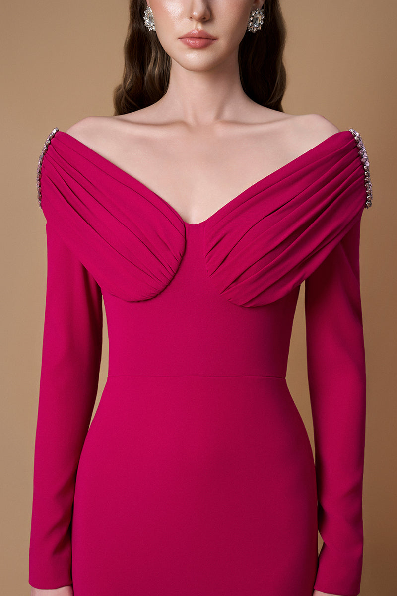 Dark pink crepe de chine V-neck gown with draped details by I.H.F, showcasing a flowing, elegant gown design.