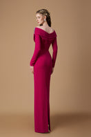 I.H.F crepe de chine V-neck gown in dark pink with draped details, showcasing elegant flowing fabric and sophisticated design.