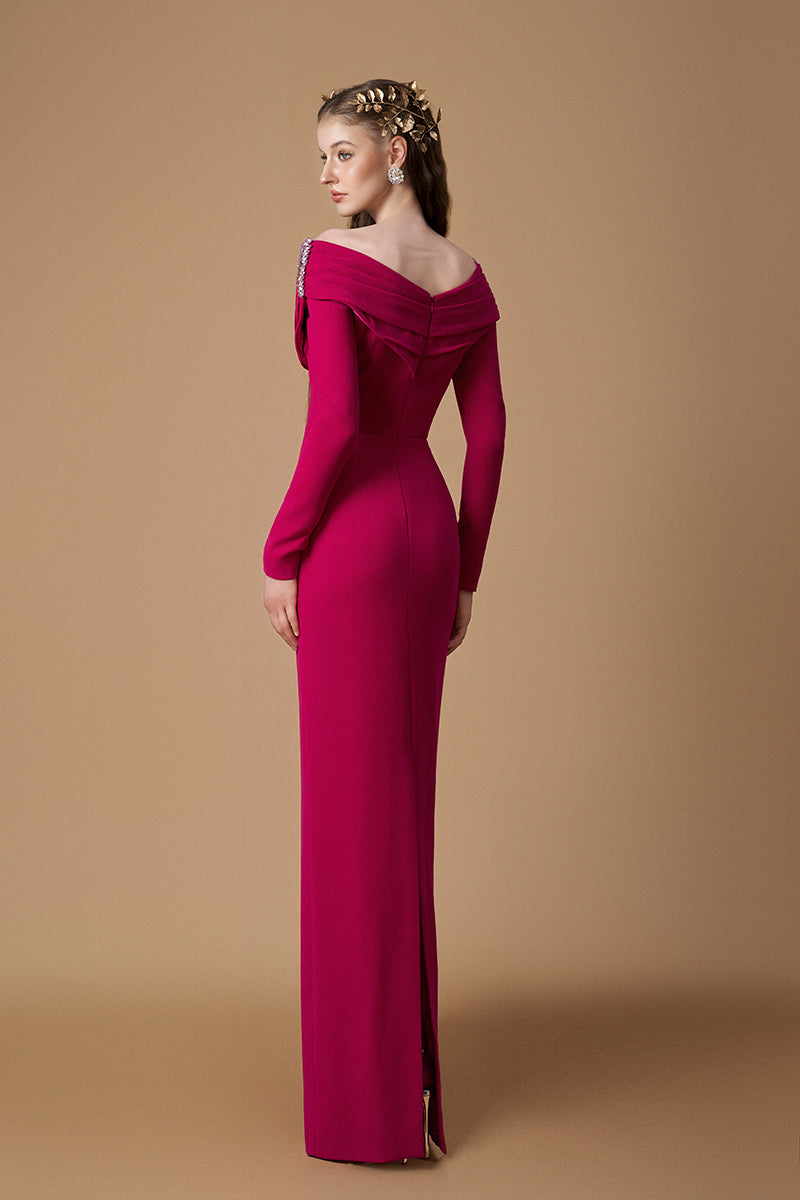 I.H.F crepe de chine V-neck gown in dark pink with draped details, showcasing elegant flowing fabric and sophisticated design.