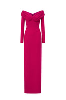 Pink crepe de chine V-neck gown with draped details by I.H.F, elegant evening dress for formal occasions.